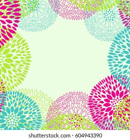 Abstract light pink, blue and green floral background. Greeting postcard, wedding card, birthday invitation design. Vector pattern with flowers dandelion and chrisanthemum. Vintage style illustration