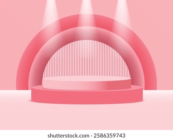 Abstract light pink cylinder pedestal podium, Light pink empty room, Vertical stripes pattern. Vector rendering 3d shape, Cosmetic product display presentation. Pastel room minimal wall scene.