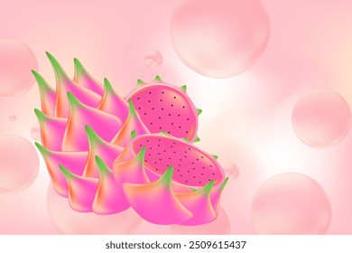 Abstract light pink gradient background with 3D dragon fruit, pink glowing soda bubbles. Fresh exotic fruit vector decoration for menu, presentation, poster