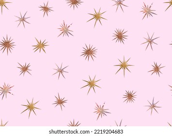 Resumen de diseño moderno rosa claro sin fisuras con estrellas de bronce. Ilustración vectorial. Un fondo brillante. Textura de lámina de oro.
