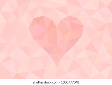 Abstract light pink polygonal low poly style background with heart shape in the center. Vector illustration