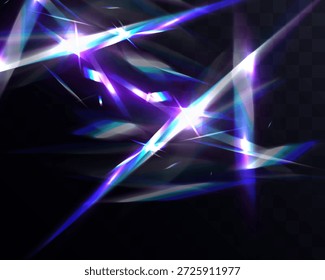 Abstract light prism shards with neon blue and violet flares, sharp glowing rays and holographic reflections on dark background for futuristic, music and tech design.