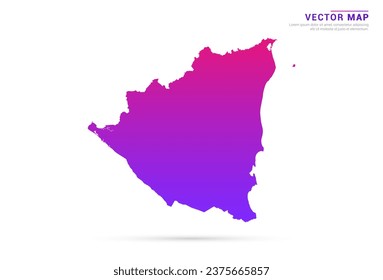 Abstrakter hellvioletter, rosafarbener Farbverlauf von Nicaragua Karte auf weißem Hintergrund, Vektorgrafik.