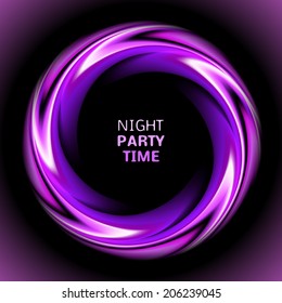 Abstract light purple swirl circle on black background. Vector illustration for you modern design. Round frame or banner with place for text. Night party time.