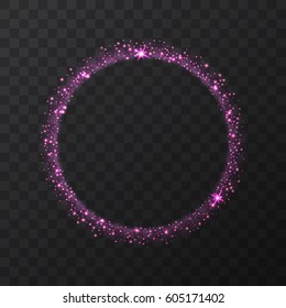 Abstract light purple vector circle on transparent background.   Round shining glitter circular light frame  Beautiful abstract luxury light ring of stars, Eclipse. Vector illustration.