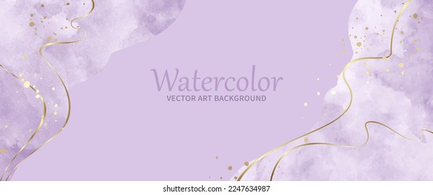 Abstract light purple watercolor vector art background for cards, flyer, poster, banner and cover design. Hand drawn illustration for design. Gold lines. Watercolour brush strokes. Painted texture.