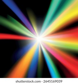 Raios de luz abstratos brilham efeito brilhante. Planos de fundo de movimento radial. Brilhante cor pisca e brilha. Ilustração vetorial.