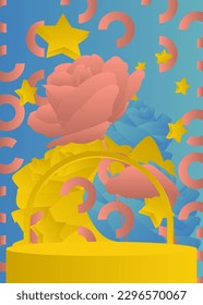 Abstract light red, blue and yellow product display with flower. Mockup stage showcase, cylinder pedestal podium for presentation.