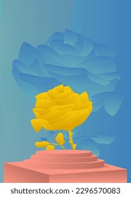 Resumen de la exposición de productos de color rojo claro, azul y amarillo con flor. Escaparate de la etapa de mordaza, podio de peatones para presentación.
