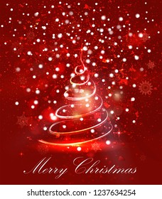 Abstract light red christmas tree on gradient background with bokeh and bright. Vector magic illustration for christmas and new year. Magic light, snowflakes and cool stars