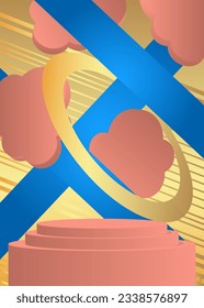 Abstrakte hellrote, goldene und blaue Produktanzeige. Vektorzylinder-Podium zur Präsentation. Minimale geometrische Bühnenvorführung.