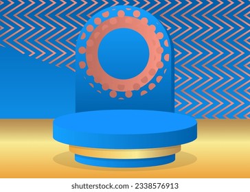 Abstract light red, gold and blue mockup product display. Vector cylinder pedestal podium for presentation. Minimal geometric stage showcase.