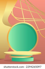 Abstract light red, turquoise and gold cylinder pedestal podium. Stage showcase for presentation with minimal geometric forms, empty scene. Mockup product display.