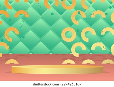Abstract light red, turquoise and gold cylinder pedestal podium. Stage showcase for presentation with minimal geometric forms, empty scene. Mockup product display.