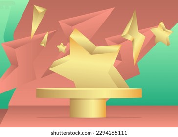 Abstraktes hellrotes, türkisfarbenes und goldenes Flaschendieb-Podium. Stage-Showcase für die Präsentation mit minimalen geometrischen Formen, leere Szene. Sortieren Sie die Produktanzeige.