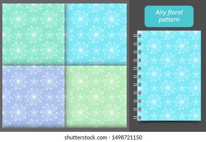 Abstract light seamless patterns set of white flowers and dots. Vector illustration of repeat background of floral elements for fashion, wrapping paper, scrapbook, wallpaper design.