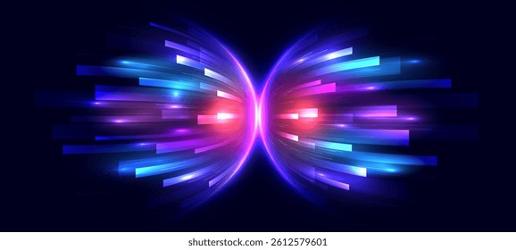 Abstract light shining background. Colourful dynamic geometric overlapping motion. Speed movement concept of future technology. Futuristic, technology pattern for banner or poster design.