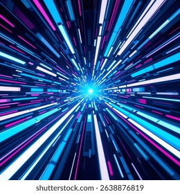 Abstract light speed background with blue, pink, and white glowing lines.
