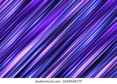 Abstract light speed background with diagonal blue and purple lines on black. Game futuristic backdrop. Vibrant dynamic energy waves pattern. Modern technology vector illustration.