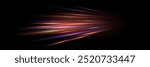 Abstract light speed effect lines on black background. Game futuristic shiny pattern with flowing bright golden, purple and red rays on dark. Modern technology vector illustration.