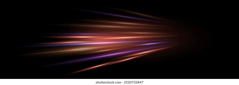 Abstract light speed effect lines on black background. Game futuristic shiny pattern with flowing bright golden, purple and red rays on dark. Modern technology vector illustration.