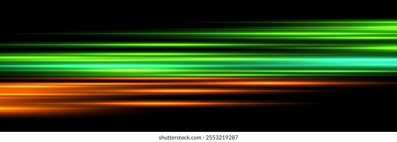 Abstract light speed effect lines on black background. Game futuristic shiny pattern with flowing bright orange and green rays on dark. Modern technology vector illustration.