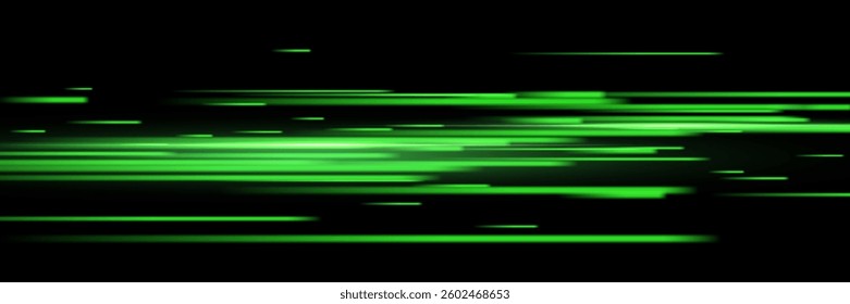 Abstract light speed effect lines on black background. Game futuristic shiny pattern with flowing bright green rays on dark. Modern technology vector illustration.