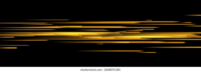 Abstract light speed effect lines on black background. Game futuristic shiny pattern with flowing bright yellow rays on dark. Modern technology vector illustration.