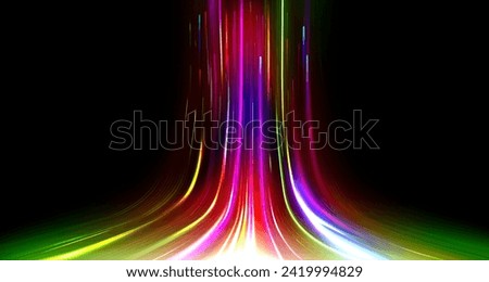 Abstract light speed effect on black background. Vector realistic illustration of neon yellow, red, purple color gradient lines moving up, dynamic motion trail, modern technology, speedy data transfer