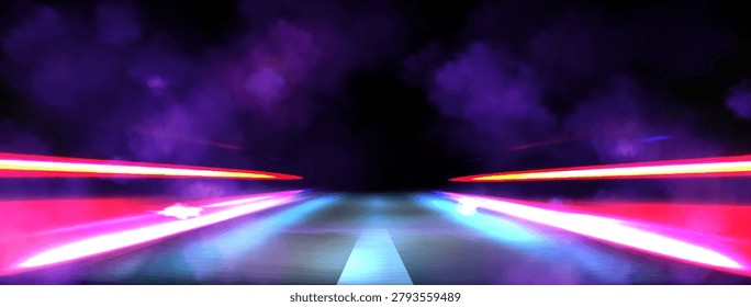 Abstract light speed effects along road perspective. Vector realistic illustration of neon red streaks and smoke on black background, night highway traffic movement, car race motion on dark backdrop