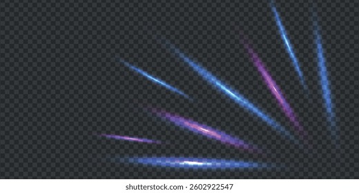 Abstract light speed lines. Motion trail with blur, blue, red color. Futuristic night neon laser spark. Dynamic waves of glow effect for web design, poster, business. Vector illustration on dark backg
