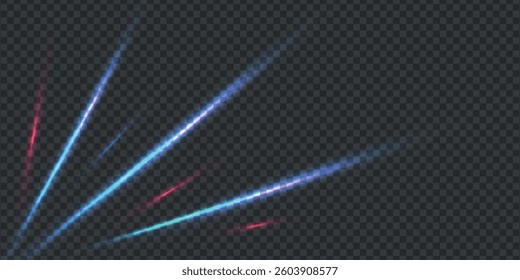 Abstract light speed lines. Motion trail with blur, blue color. Futuristic night neon spark. Movement laser flow. Electric waves of glow effect for web design. Vector illustration on dark background.