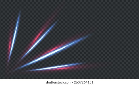 Abstract light speed lines. Motion trail with blur, blue color. Futuristic night neon spark. Movement laser flow. Electric waves of glow effect for web design. Vector illustration on dark background.