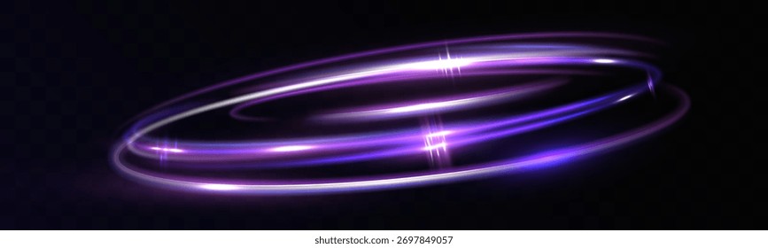 Líneas de velocidad de la luz Abstractas y anillos de neón con círculos brillantes en movimiento sobre fondo negro. Efectos de luz azul, rojo y púrpura que crean sensación de velocidad y energía.