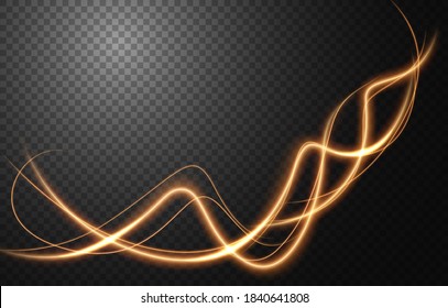Abstract light speed motion effect, gold light trail. Vector Illustration