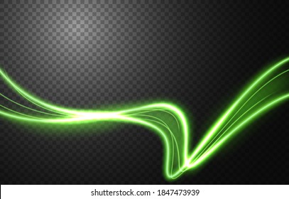 Abstract light speed motion effect, green light trail. Vector Illustration