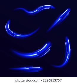 Abstract light speed motion effect, blue light trail. Bright sparkling background. Light trail wave, fire path trace line and incandescence curve twirl. Neon glowing curves strewn. Vector illustration