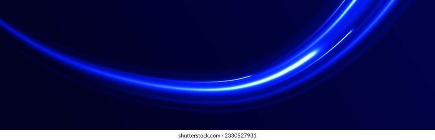Abstract light speed motion effect, blue light trail. Bright sparkling background. Light trail wave, fire path trace line and incandescence curve twirl. Neon glowing curves strewn. Vector illustration