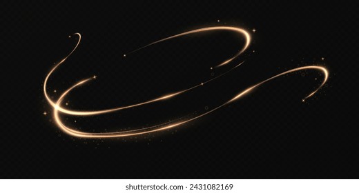 Efecto de movimiento de velocidad de luz abstracta. Efecto de resplandor espiral de color dorado. Línea brillante mágica