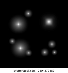 Abstract light spots. Glowing white orbs. Black seamless background. Minimal vector texture.