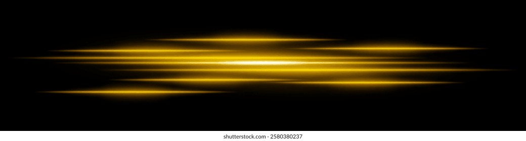 Abstract light streaks background. Glowing yellow horizontal lines with motion blur effect on a dark backdrop. Futuristic speed, energy flow, laser beams, and technology concept.