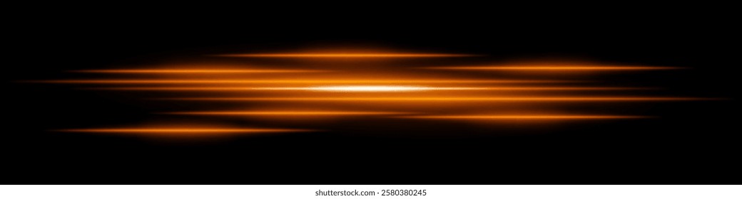 Abstract light streaks background. Glowing orange horizontal lines with motion blur effect on a dark backdrop. Futuristic speed, energy flow, laser beams, and technology concept.