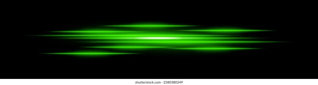 Abstract light streaks background. Glowing green horizontal lines with motion blur effect on a dark backdrop. Futuristic speed, energy flow, laser beams, and technology concept.