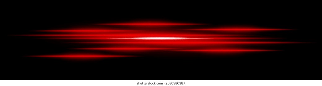 Abstract light streaks background. Glowing red horizontal lines with motion blur effect on a dark backdrop. Futuristic speed, energy flow, laser beams, and technology concept.