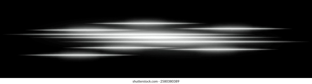 Abstract light streaks background. Glowing white horizontal lines with motion blur effect on a dark backdrop. Futuristic speed, energy flow, laser beams, and technology concept.