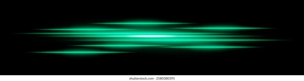 Abstract light streaks background. Glowing green horizontal lines with motion blur effect on a dark backdrop. Futuristic speed, energy flow, laser beams, and technology concept.