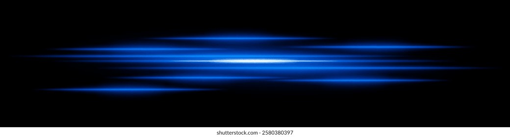 Abstract light streaks background. Glowing blue horizontal lines with motion blur effect on a dark backdrop. Futuristic speed, energy flow, laser beams, and technology concept.