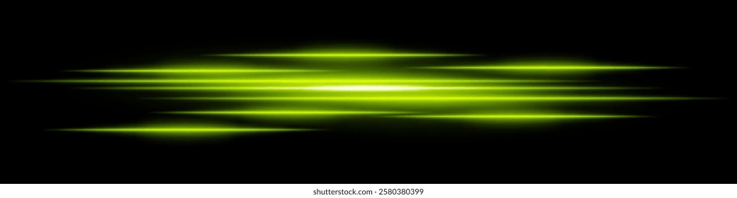 Abstract light streaks background. Glowing green horizontal lines with motion blur effect on a dark backdrop. Futuristic speed, energy flow, laser beams, and technology concept.