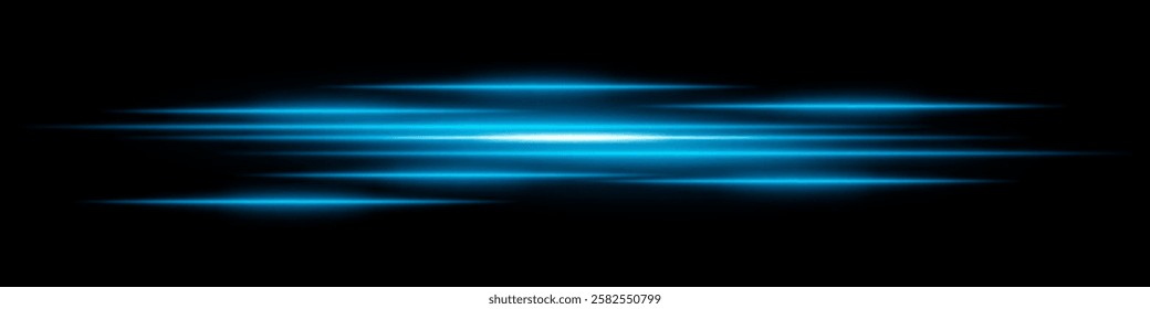 Abstract light streaks background. Glowing blue horizontal lines with motion blur effect on a dark backdrop. Futuristic speed, energy flow, laser beams, and technology concept.