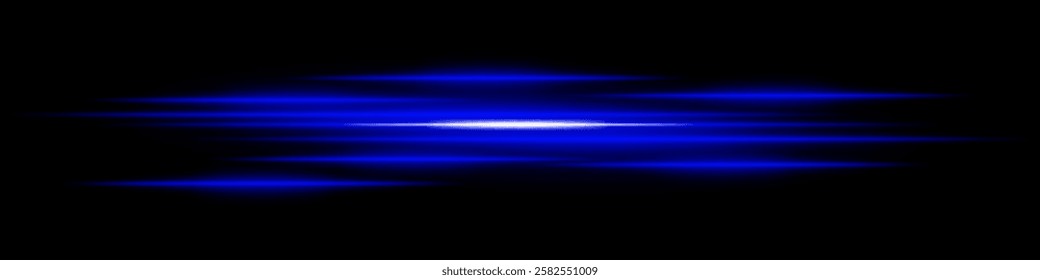 Abstract light streaks background. Glowing blue horizontal lines with motion blur effect on a dark backdrop. Futuristic speed, energy flow, laser beams, and technology concept.